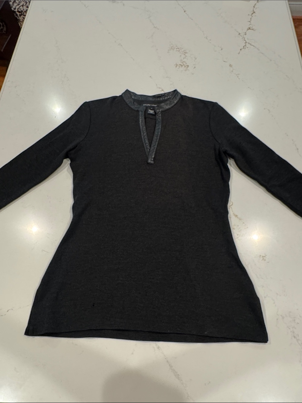 Ralph Lauren Black Label Black 3/4 -Sleeve V-Notch Wool Tunic leather trim